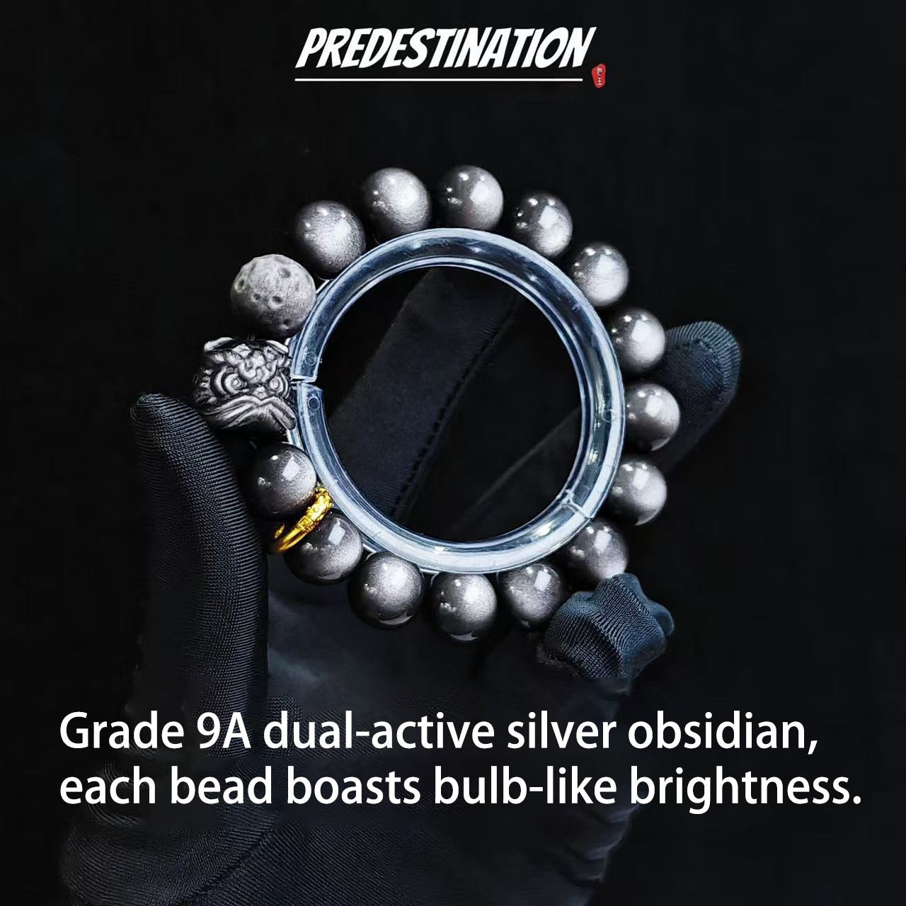 [Collector's Edition] Kylin-FengShui 9A Grade Silver Obsidian Bracelet with Lion Dance and Golden Obsidian for a High-End Feel - Lucky Peach Blossom Bracelet - Element: Water