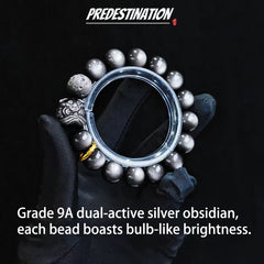[Collector's Edition] Kylin-FengShui 9A Grade Silver Obsidian Bracelet with Lion Dance and Golden Obsidian for a High-End Feel - Lucky Peach Blossom Bracelet - Element: Water